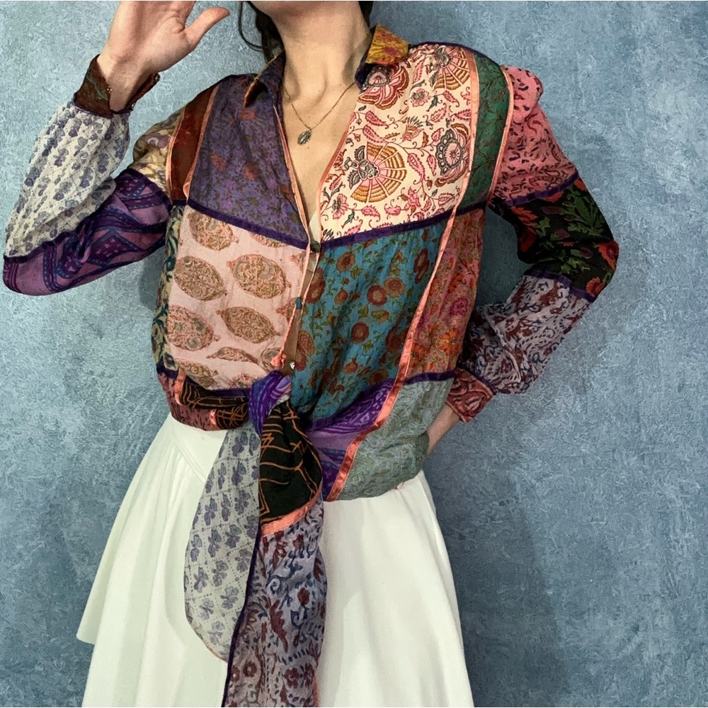 100% Silk Bohemian Patchwork Button Down Shirt